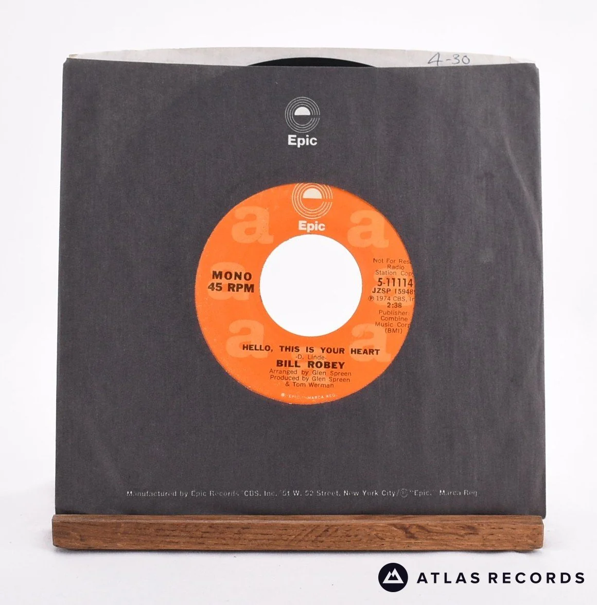 Bill Robey - Hello, This Is Your Heart - Promo 7" Vinyl Record - NM/EX